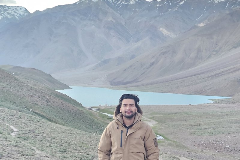 Lahaul valley with river and prayer flag